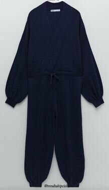 ZARA Navy Blue Jumpsuit Ribbed Knit Wrap V-Neck Casual Drop Shoulder M Medium